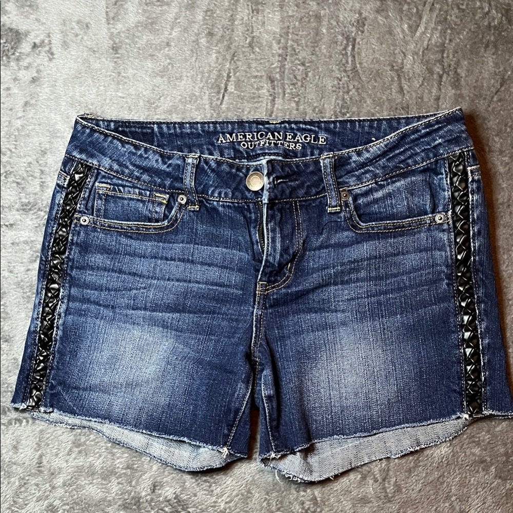 American Eagle Outfitters Dark Blue Denim Shorts with Black Lace Side Trim - Picture 1 of 10